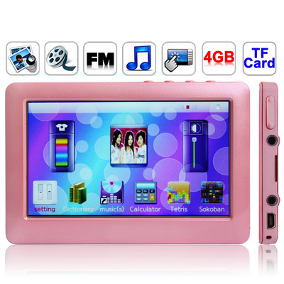 4.3 inch Touch screen 4GB MP5 Player, Support FM Radio, E-Book, Games, TV Out (Pink)